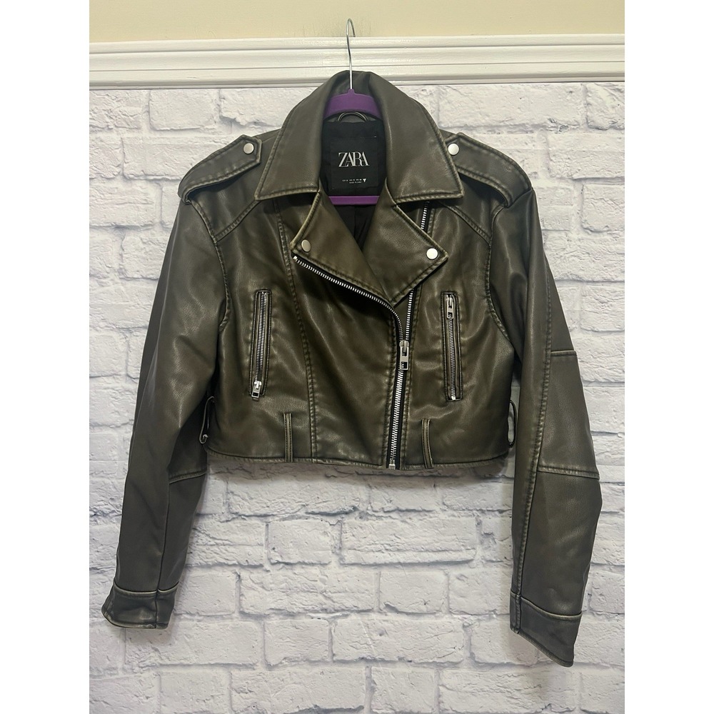 ZARA Cropped Distressed Faux Leather Biker Jacket Distressed Olive Green Size S